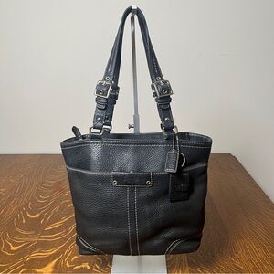 Coach Hamilton Black Pebbled Leather Tote with Buckle Straps & a photo bag charm
